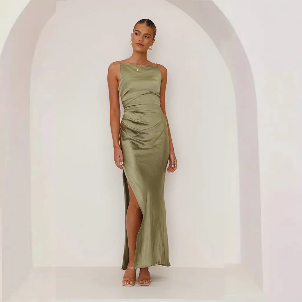 light olive green dress ADELE LONG - Linen a plunging V Green Dresses - Formal &