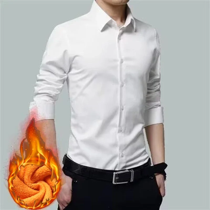 Men High Quality Thickened Warm Dress Shirt Trendy Fleece Lined Solid White Long Sleeve Shirt Male Classic Slim Fit Work Uniform