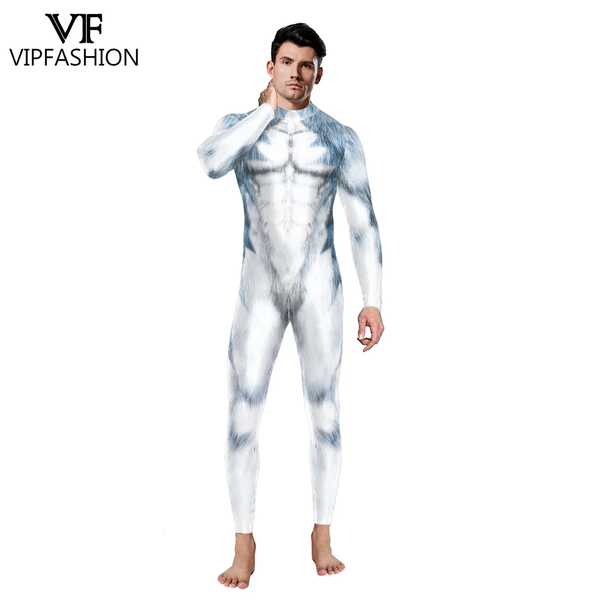 VIP FASHION Kombinezon z nadrukiem wilkołaka dla dorosłych Elastyczny kombinezon na Halloween Impreza zwierzęca Strój Cosplay Fantazyjny strój Zentai Strój Rave