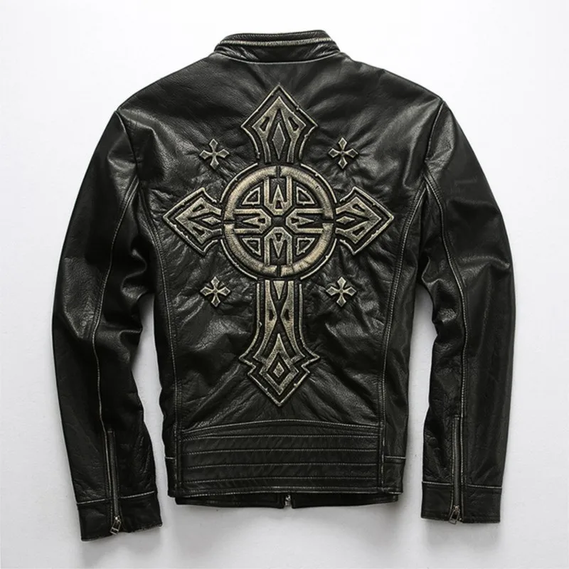 Motorcycle stand-up collar cowhide men's leather