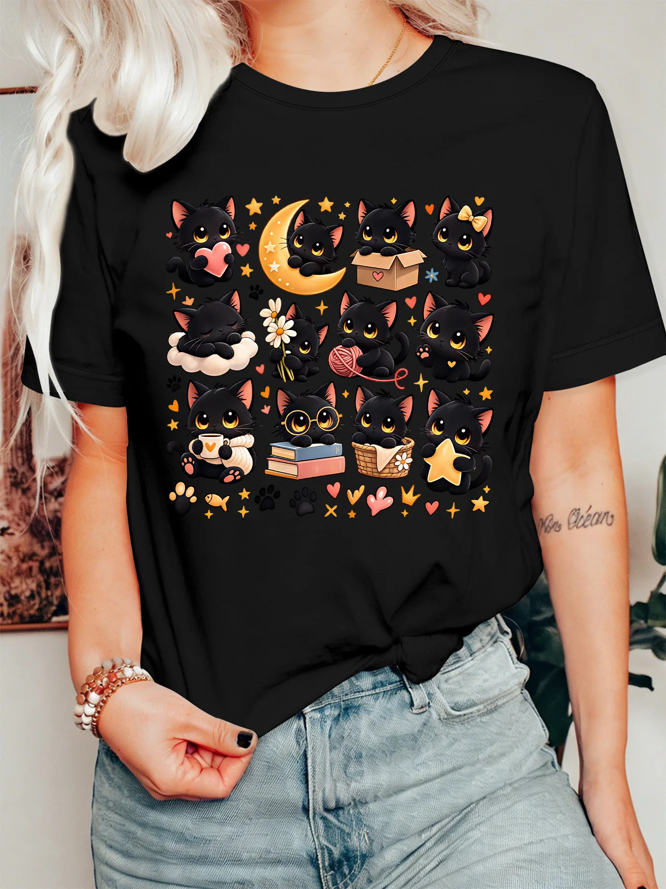 Cute Multi Black Cat Collection Moon Star Graphic Womens T Shirt Short Sleeve Crew Neck Kawaii Casual Daily Ladies Tee Tops