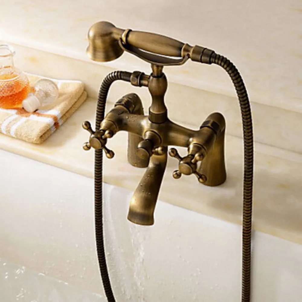 

Deck Mount Retro Antique Brass Bathroom Tub Faucet Set with 150CM Handheld Shower Spray Head Bath Mixer Tap 2tf018