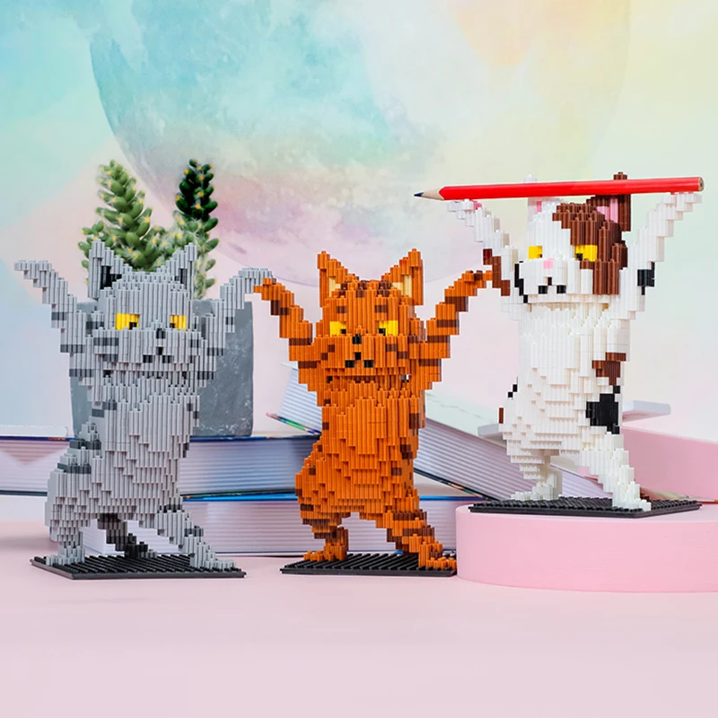 

Mini Cartoon Vertical Cat Model Building Blocks Anime Puppet Pet Kitten Decoration DIY Assembled Brick Children's Toy Gift