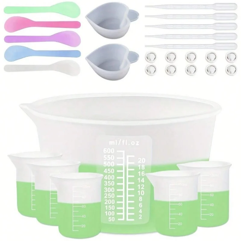 Silicone Measuring Cups Kit - 600ml & 100ml Mixing Bowls with Accessories - Resin Casting & Jewelry Making Tools - FDA Compliant