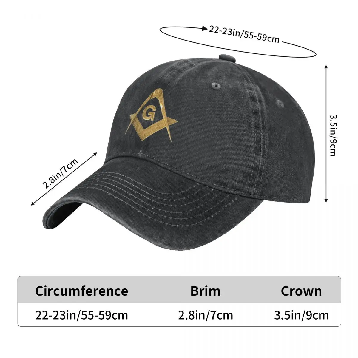 Freemason Gold Square Compass Trucker Hat Merchandise Vintage Distressed Washed Unique Headwear For Unisex Style Adjustable