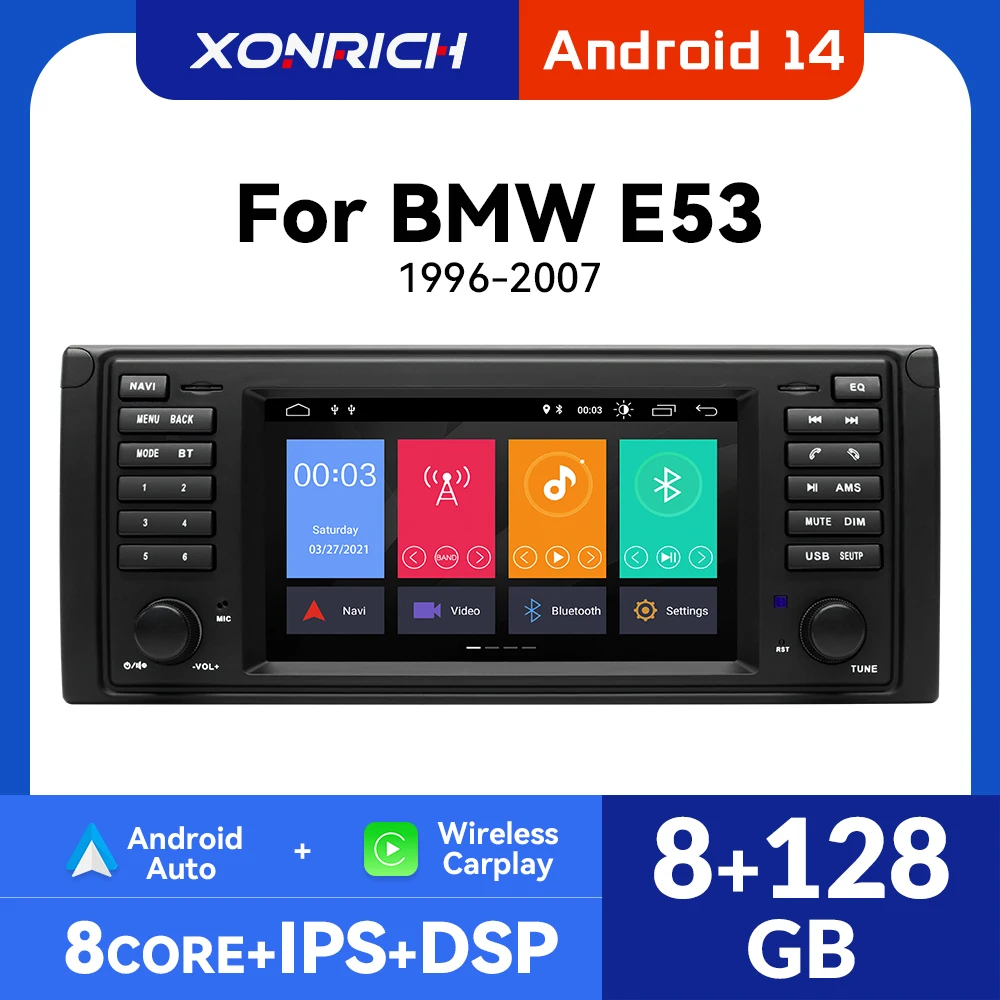 Autoradio senza fili CarPlay per BMW Serie 5 E39 X5 E53 M5 1996-2003 Android 14 8Core 128G Android Auto Multimedia GPS Autoradio