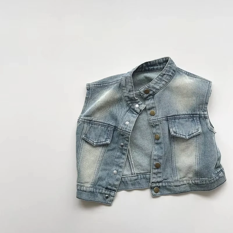 

New Retro Design Vintage Denim Vest 2025 Spring Kids Unisex Casual Chic Sleeveless Top - Korean Style