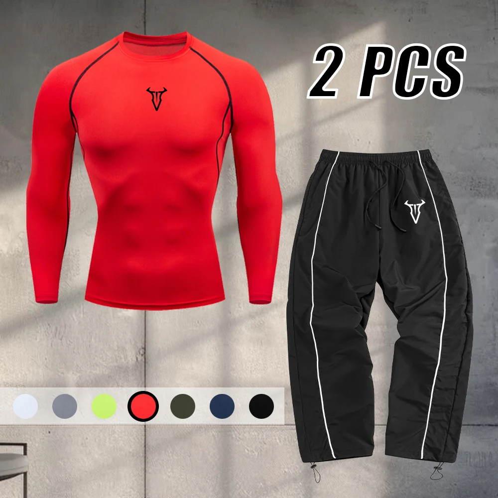 Conjunto Deportivo Casual de 2 Piezas para Hombre, de Secado Rápido, con Camiseta de Manga Larga y Pantalones, Estampado Simple de Cabeza de Toro, para Fitness y Running Diario