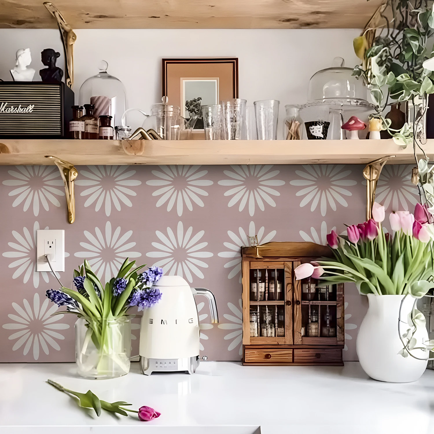 10Pcs  Peel and Stick Tile Transfer Stickers, Waterproof Pink Floral Tile Decals, Self-Adhesive Vinyl Backsplash Stick on