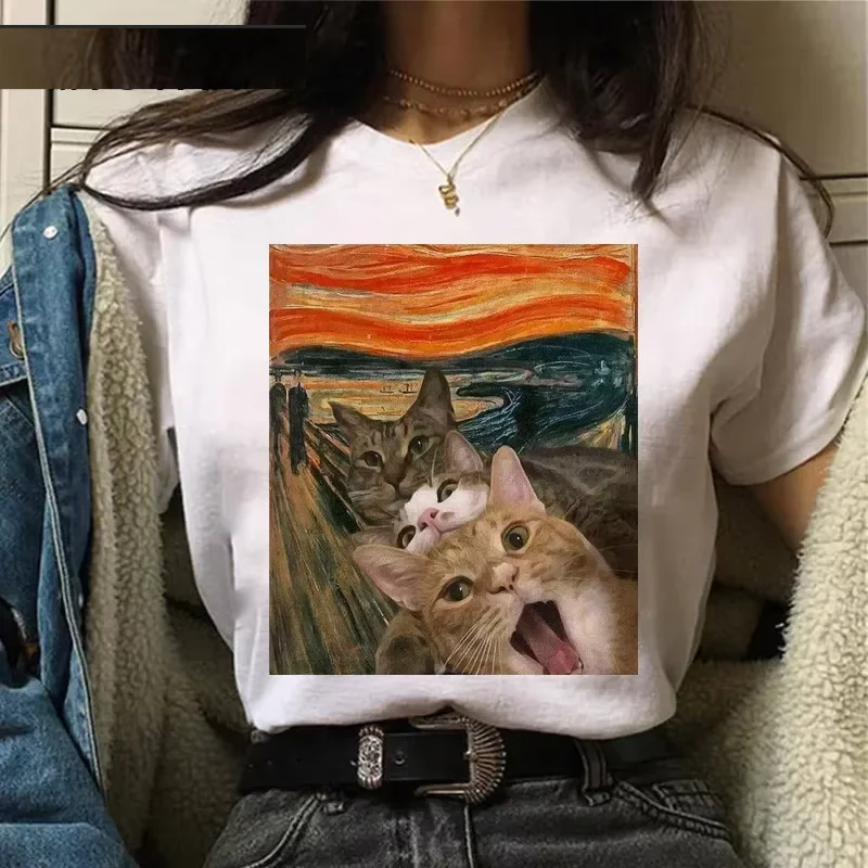 تي شيرت نسائي مطبوع عليه لوحة زيتية على شكل قطة تي شيرت جرافيك مضحك صيفي بأكمام قصيرة ملابس بيضاء غير رسمية ملابس هاراجوكو #6