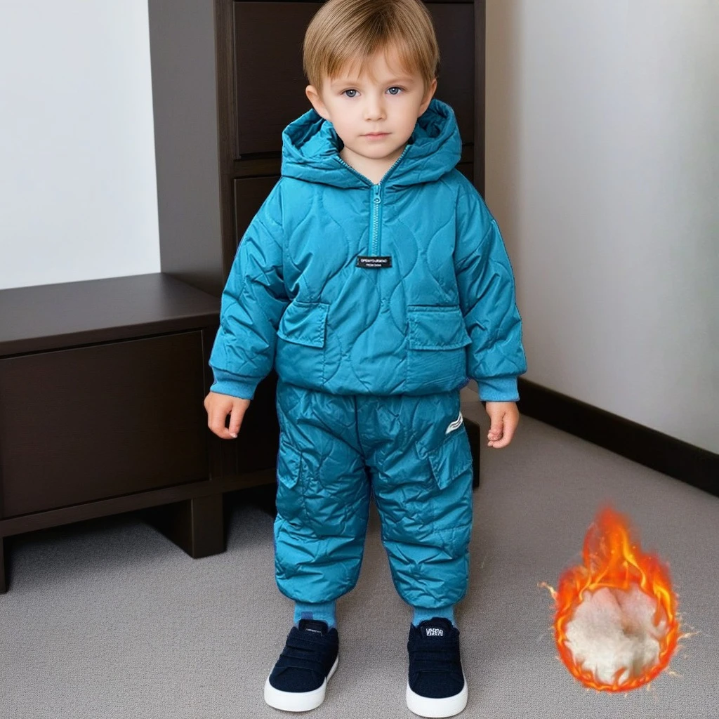 

Boys Winter Clothes Set Thermal Snowsuit Thick Warm Hooded Jacket Pants Two-piece Outfit for Kids Casual Daily Outing Wear 10 y