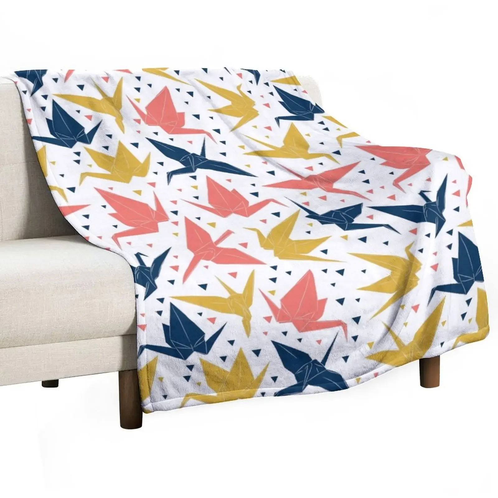 Japanese Origami paper cranes, symbol of happiness, luck and longevity, blue coral mustard Throw Blanket Hairys Cute Blankets