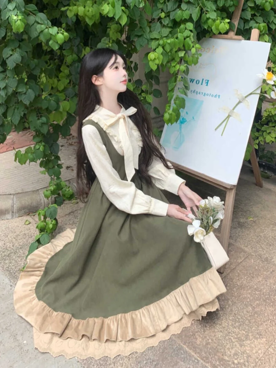 L-4XL plus size nova primavera lolita grande balanço vestido feminino temperamento princesa cinta vestidos branco camisa de manga longa conjunto de duas peças
