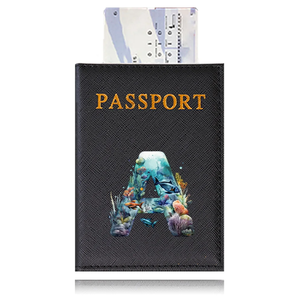 PU Passport Cover Protective Black Color Travel Passport Ticket Holder Case Fish Letter   Print Series ID Card Clip Bags