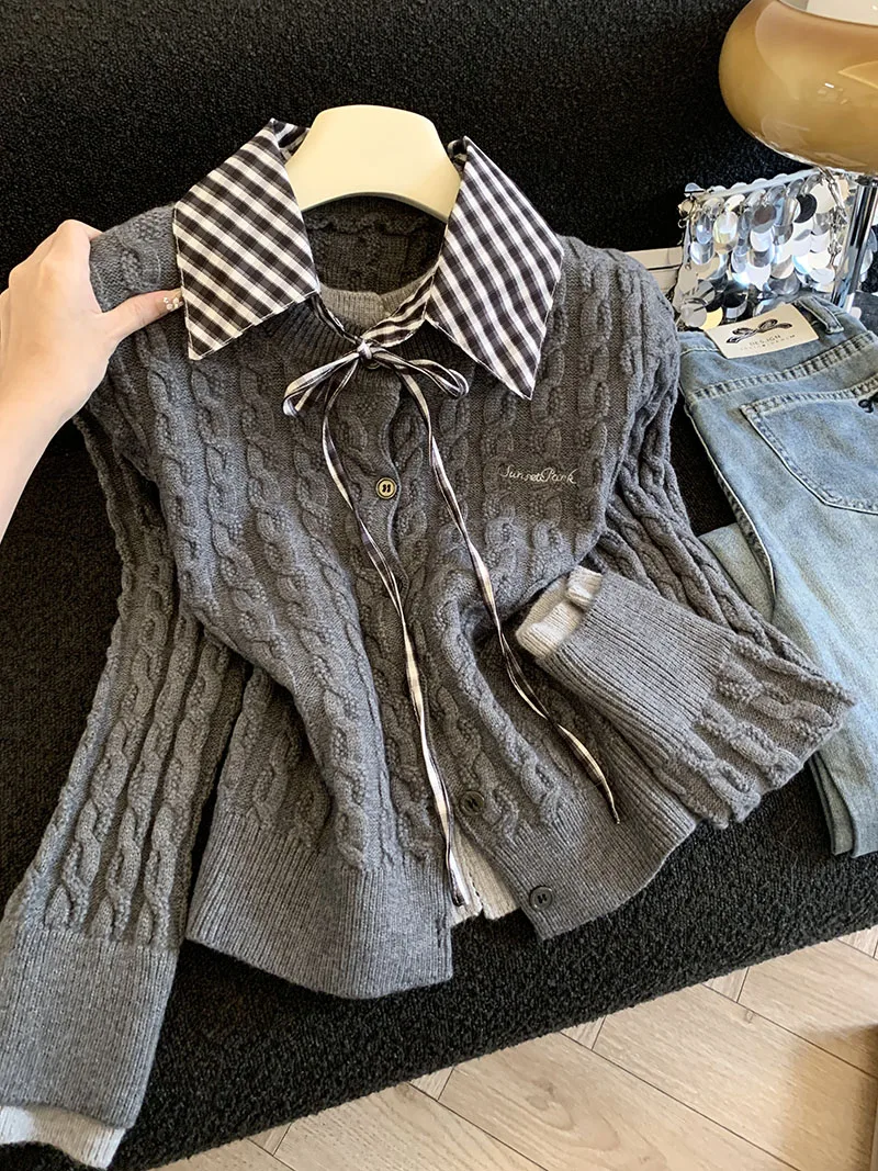 

Атмосфера жареное тесто, искусственный вязаный кардиган из двух частей, свитер, женский винтажный осенний тонкий и ленивый стиль