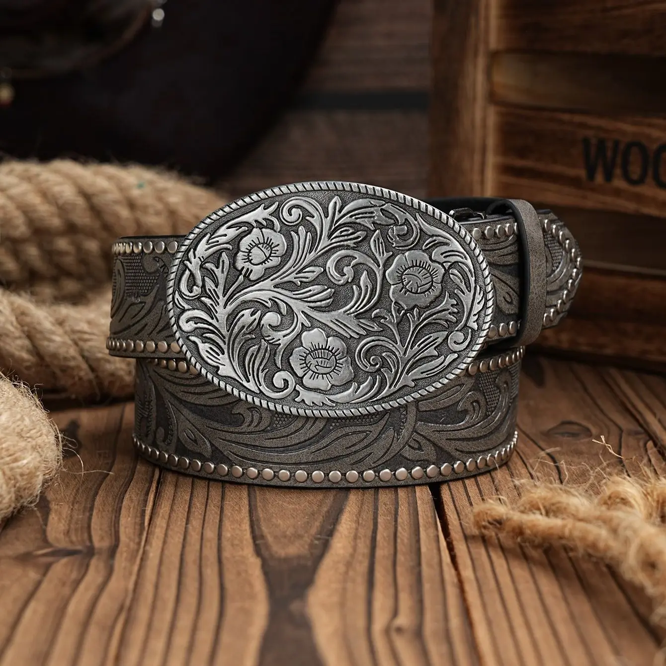 Western Cowboy PU Leather Belt - Men Waist Strap Bull Decoration Floral Engraved for Jeans