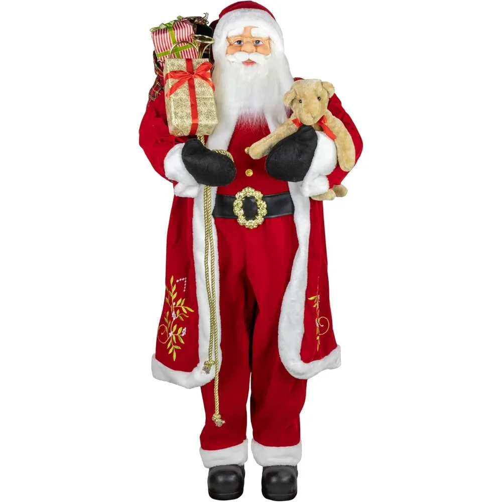 Traditional Santa Claus with Teddy Bear and Gift Bag Standing Christmas Figure,Standing atop a wooden base