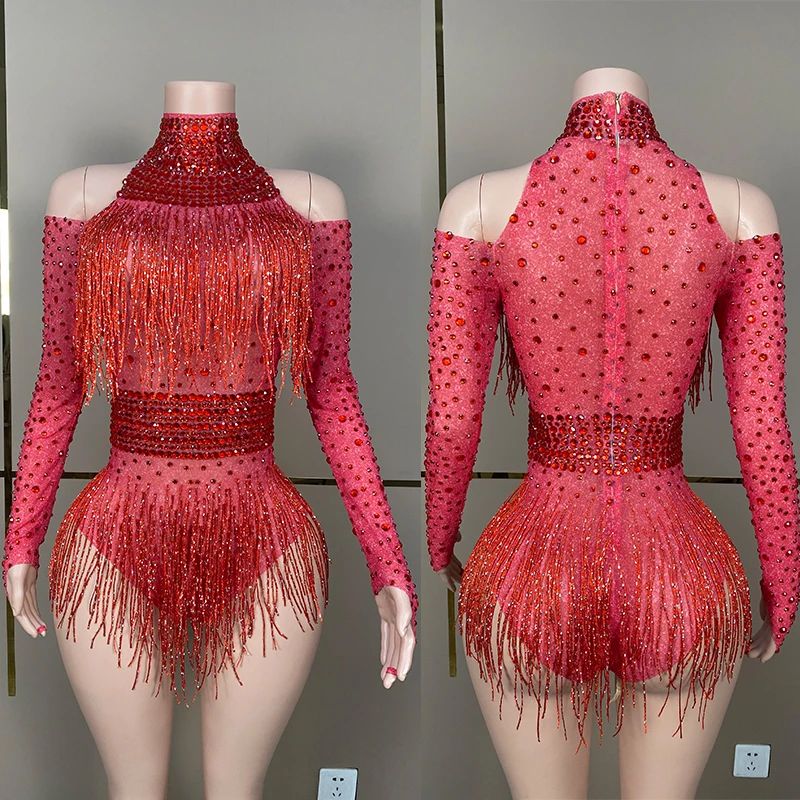 Red Tassel Off-Shoulder Bodysuit Adult Jazz Dance Clothing Drag Queen Show Outfit Stretch Rhinestones Pole Dance Costume