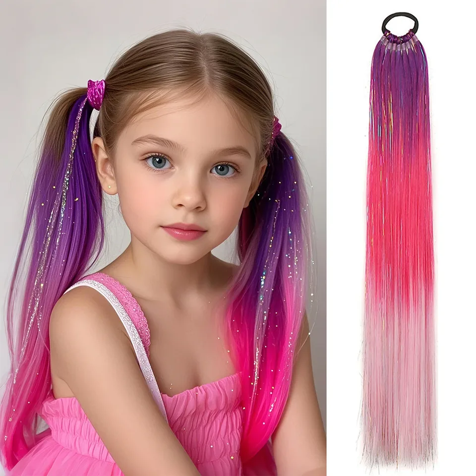 Extensión de Cola de Caballo con Tinsel Púrpura, Rojo y Rosa con Liga para Niñas, Cabello Loco para Fiestas
