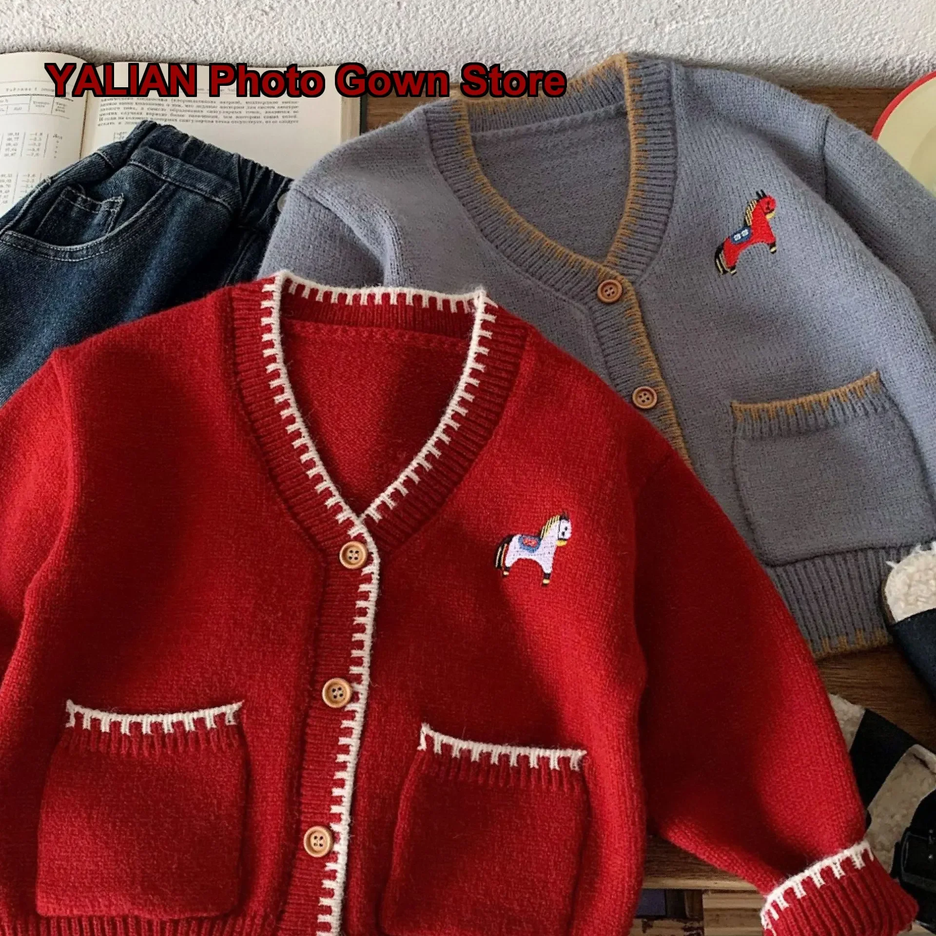Boys Girls Knit Cardigan Newborn Infant Autumn Winter Embroidered Pony Print New Year