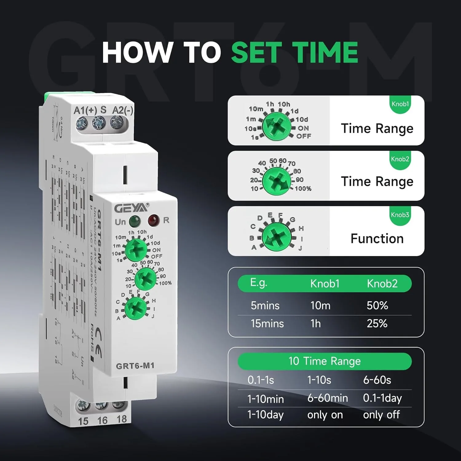 Picture 3: GEYA 10A Multifunction Delay ON Off Time Relay 10 Function Choices AC/DC24V-240V 1 Output Control Relay 0.1s-10 Days Adjustable