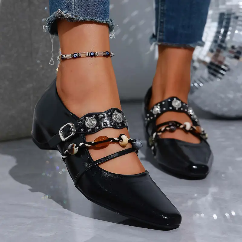 Vintage Metal Buckle Cross Strap Mary Jane Shoes Women 2026 Spring Plastic Bead Medium Heel Loafers Woman's Bohemia Pumps Shoes