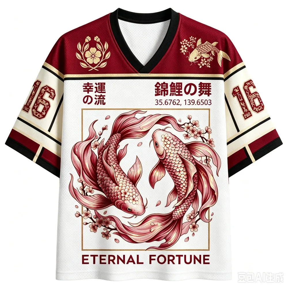 Japanese Retro Lucky Koi Fish 3D Print Breath Quick-dry Men's V-neck T-shirt Outdoor Street Fashion Casual Parent-Child Clothing