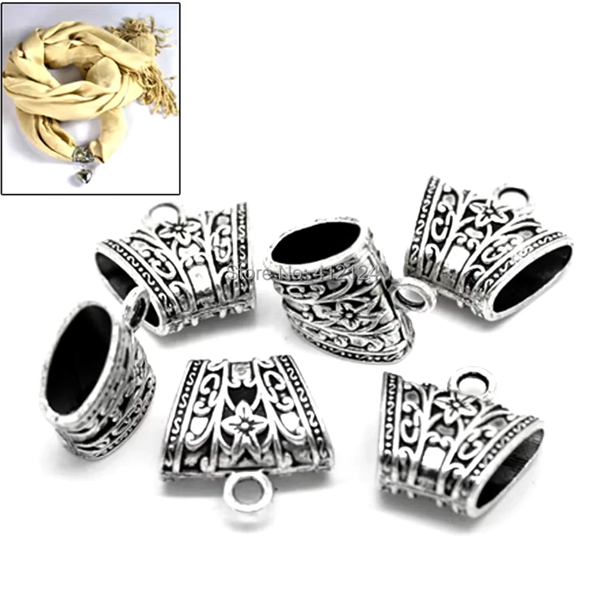 

15Pcs Silver Tone Flowers Carved Bail Beads For Wrap Scarf Fashion Jewelry 39.5x37.5mm