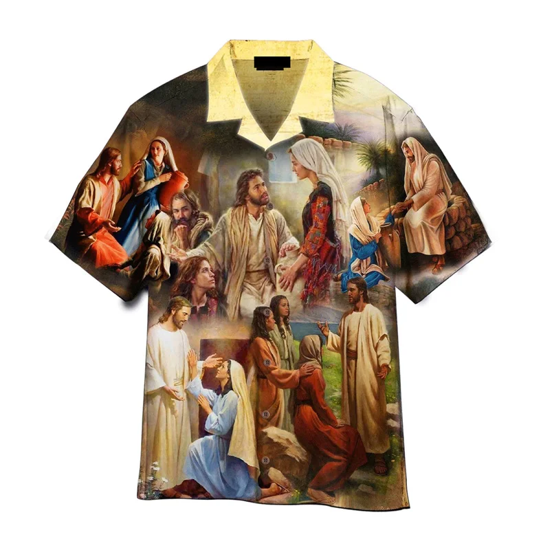 

Retro Jesus Graphic Hawaiian Shirt For Men Clothes 3D Printed Christianity Shirts Tops Summer Street Short Sleeves Button Blouse