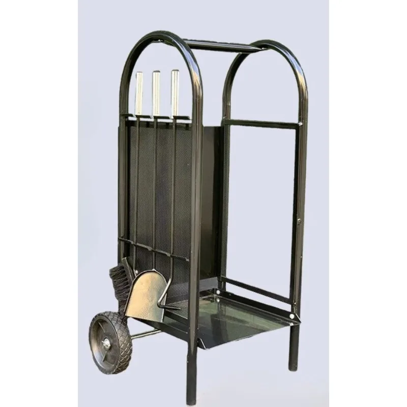 Two-wheeled firewood log frame trolley, firewood storage trolley, fireplace tool cart, four-piece fireplace set 1pcs