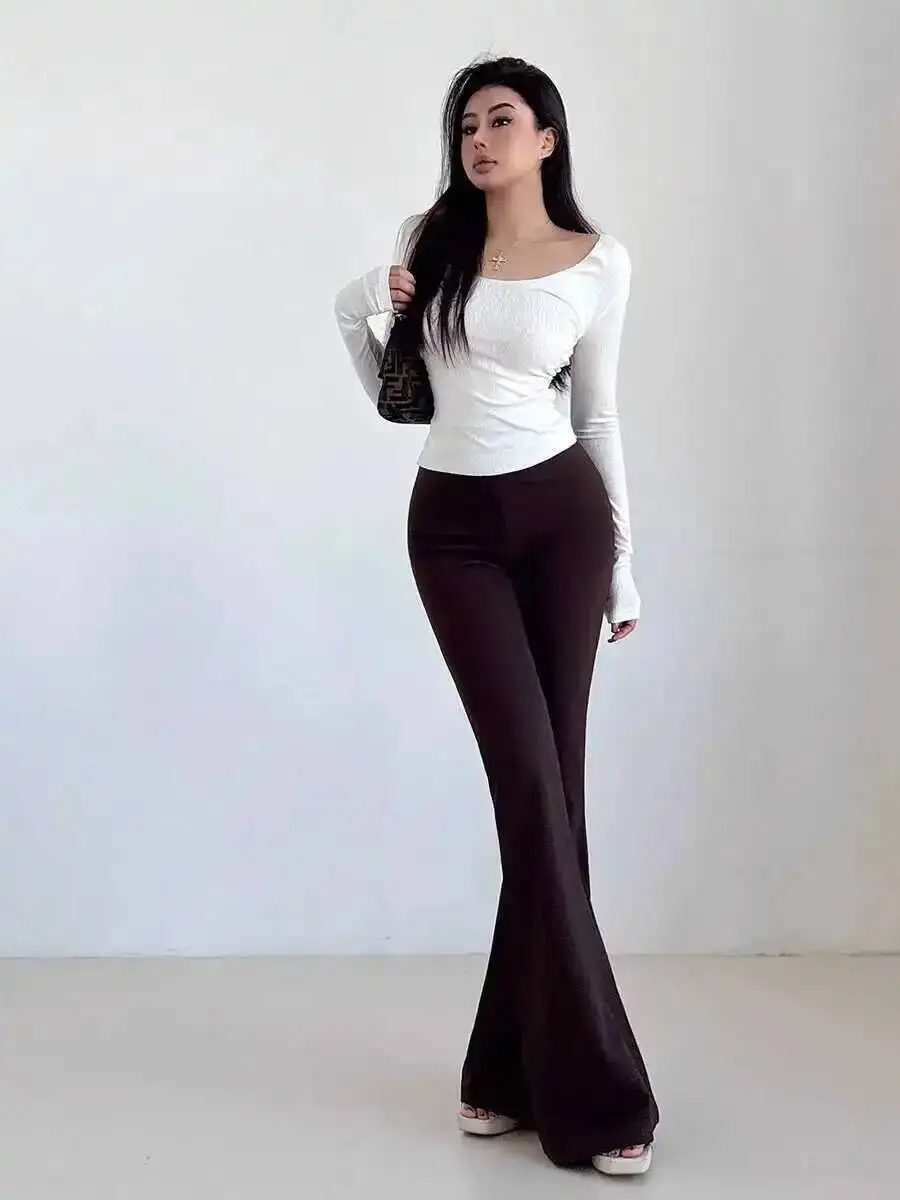 ارتفاع الخصر ضئيلة الطابق المعانقة مستقيم الساق طول متوهج قليلا السراويل بلون الحد الأدنى السراويل أزياء النساء LZD1