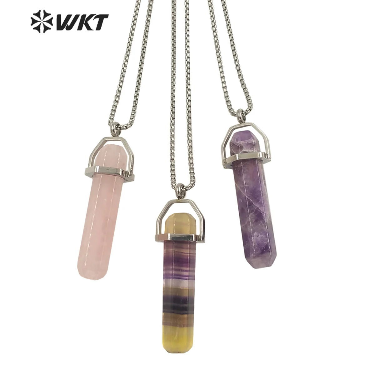 WT-N1365 WKT Crystal Column Pendant Natural Stone Pendant Necklace Rose Quarzts Amethysts Gold Chain Necklace Jewelry