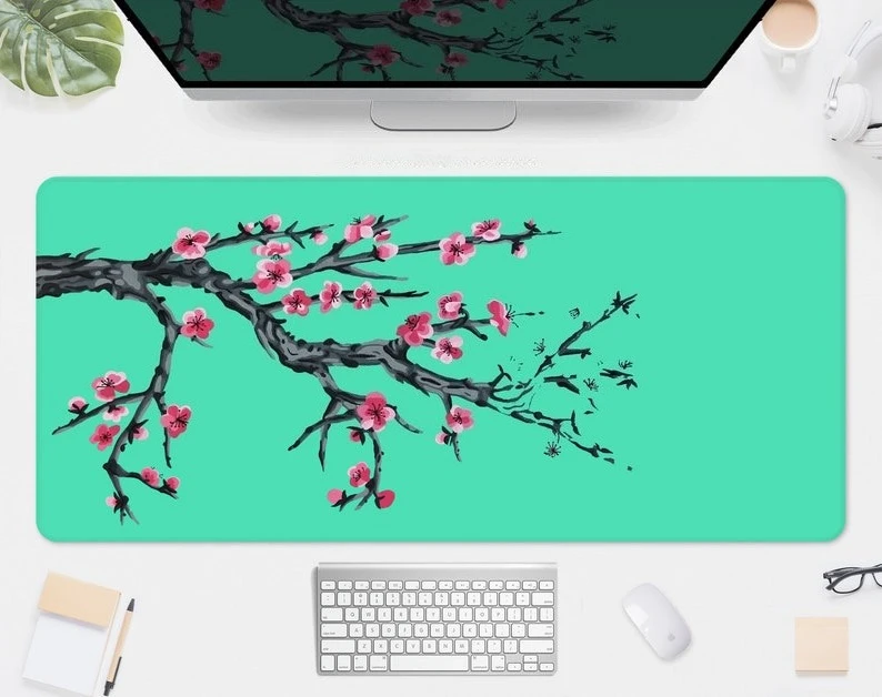

Aesthetic desk mat sakura, Cherry blossom mousepad XXL gaming deskmat Cute Japanese Vaporwave Turquoise green cyan mouse pad xl