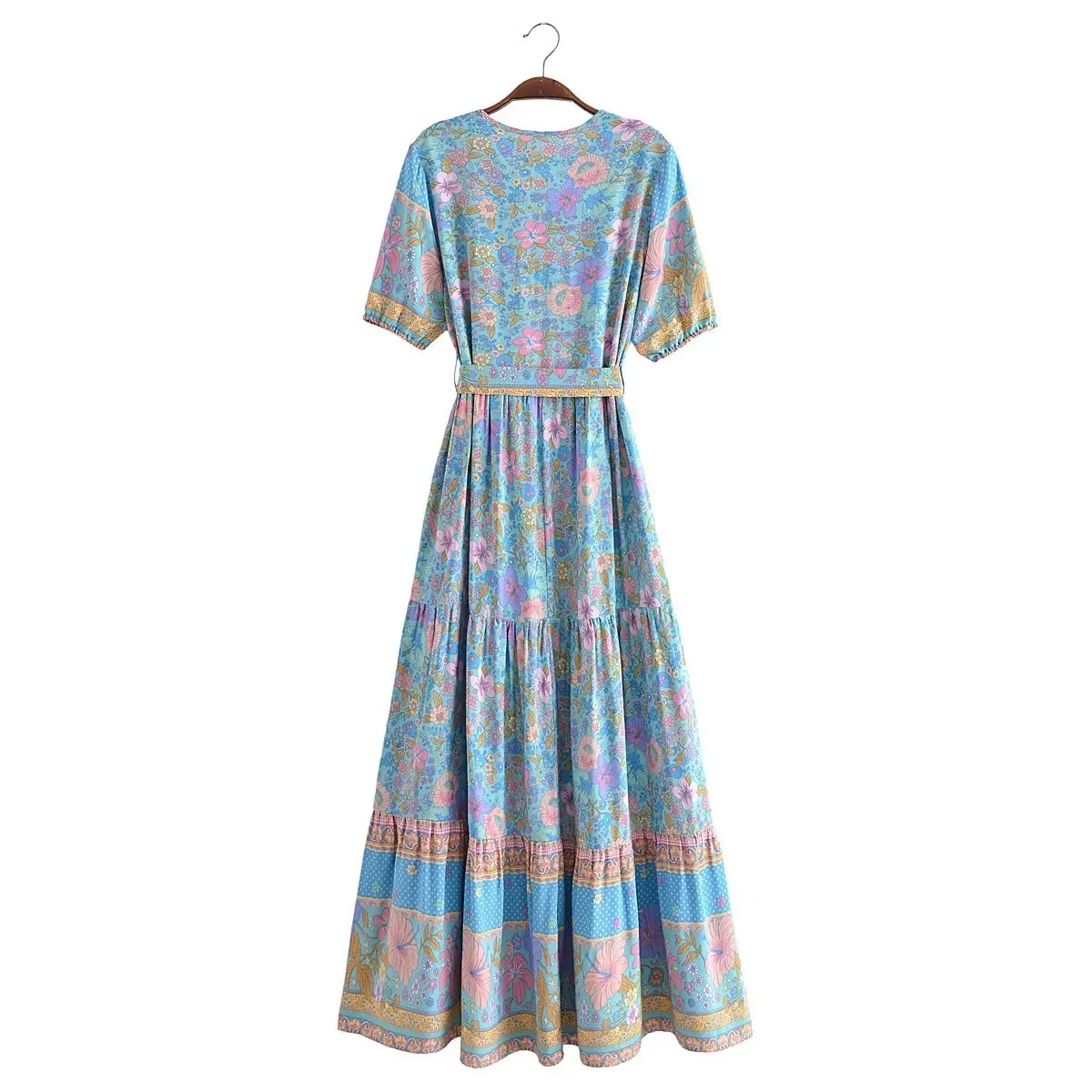 Maxdutti Vintage Summer LongCotton Patchwork Contrast Color Dress Women Printing Bohemia Loose Single Breasted Beach Dress