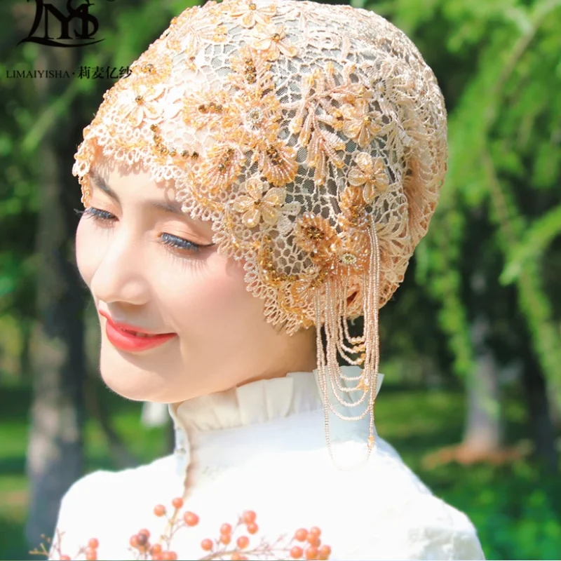 

Женская шляпа ручной работы из бисера, шелковая вышитая сетчатая шляпа с кисточками, закрывающая волосы