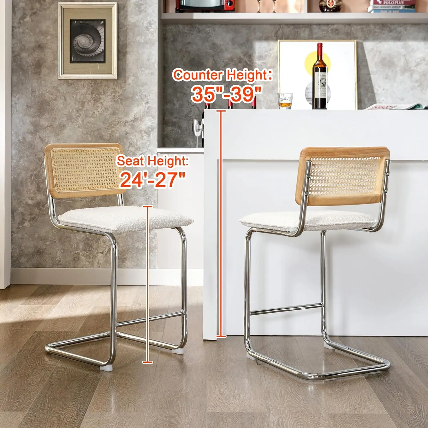 ONEVOG Counter Stools with Natural Rattan Backs, 26'' Bar Stools Set of 2, Island Kitchen Counter Seats, Wood Frame。