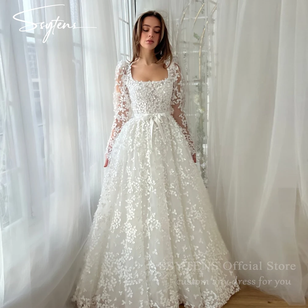 

SSYTENS Classy White Square Collar Wedding Dress Applique Long Bridal Gowns Vestidos De Noiva A-Line Bride Dress 2026 Customized