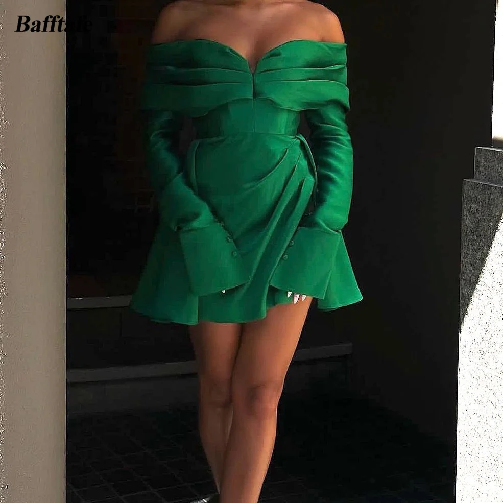 Baftafe Groene Mini Prom Jurken Lange Mouwen Zijde Satijnen Vrouwen Outfit Dragen Arabische Homecoming Jurk Formele Night Club Feestjurken