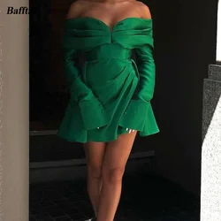 Grüne Mini-Abschlussballkleider mit langen Ärmeln, Seidensatin, Damen-Outfit, Heimkehrkleid, formelle Nachtclub-Party-Kleider, individuell gestaltet