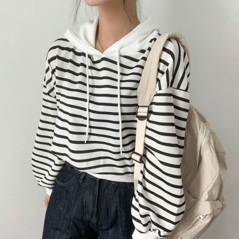 Hoodies Women Autumn Students Fashion Striped All-match Leisure Simple Loose Ladies Cozy Korean Style Sporty Stylish Sweet Daily