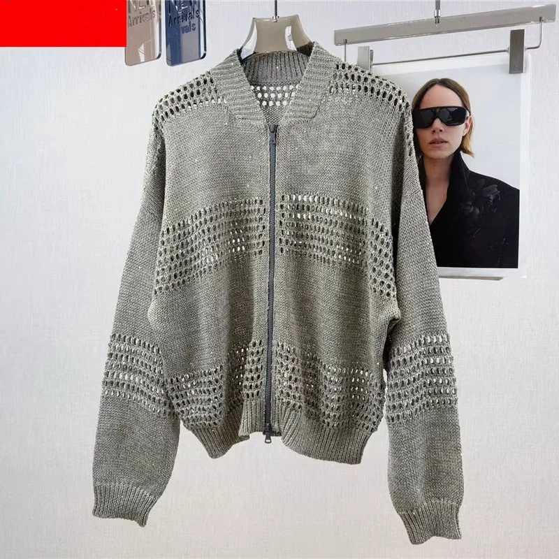 Otoño nuevo cárdigan de punto con huecos de lentejuelas mezcladas de lino con cuello redondo para mujer y2k chaqueta casual simple de moda de alta calidad