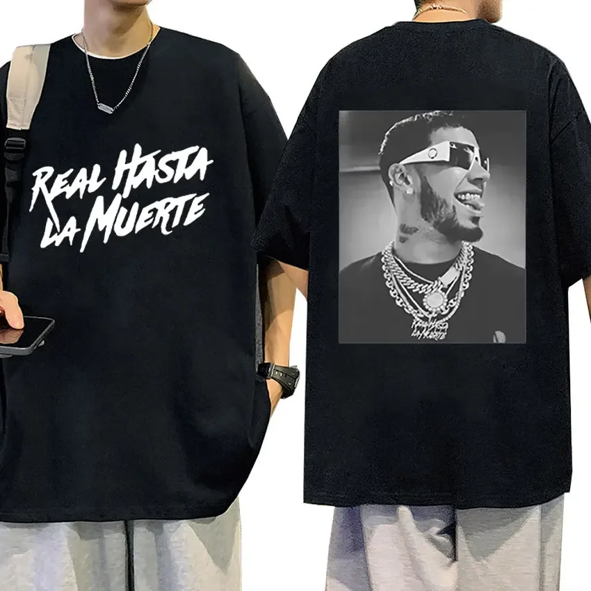 Anuel AA Real Hasta La Muerte Print Oversized TShirt Men's Hip Hop Retro Rapper T-shirt Men 100% Cotton Tops T Shirts Streetwear