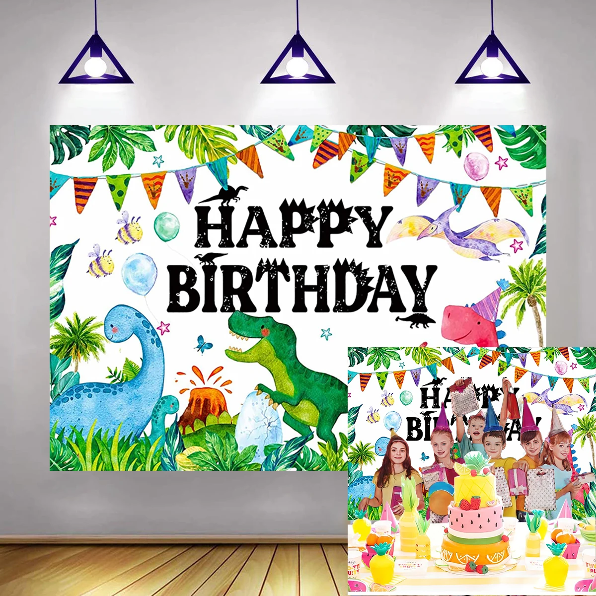 Happy Birthday Party Backdrop for Kids Boys Volcano Roar Jurassic Cake Streamer Photography Background Birthday Indoor Decor