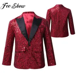 Child Boys Stage Show Blazer Long Sleeve Shiny Sequin Lapel Suit Jacket Coat Gentleman Tuxedo for Wedding Banquet Birthday Party