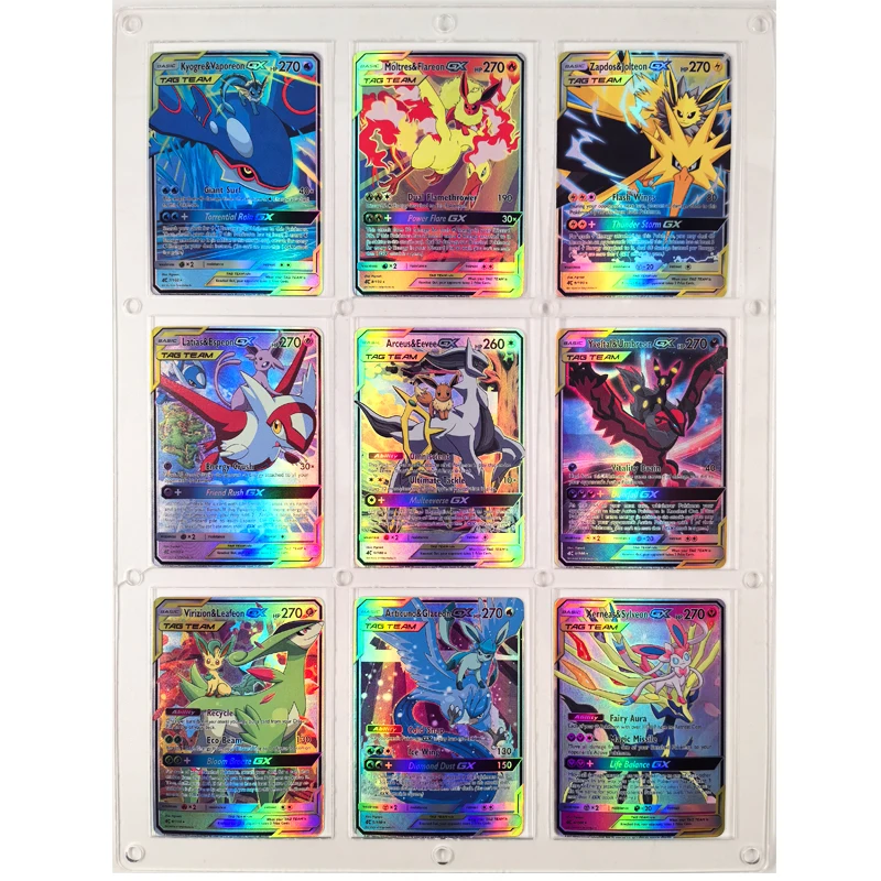 PTCG Pokemon versi Inggris 9 buah/set, hadiah mainan anak-anak, kartu koleksi permainan refraksi buatan rumah DIY, tim TAG Pikachu