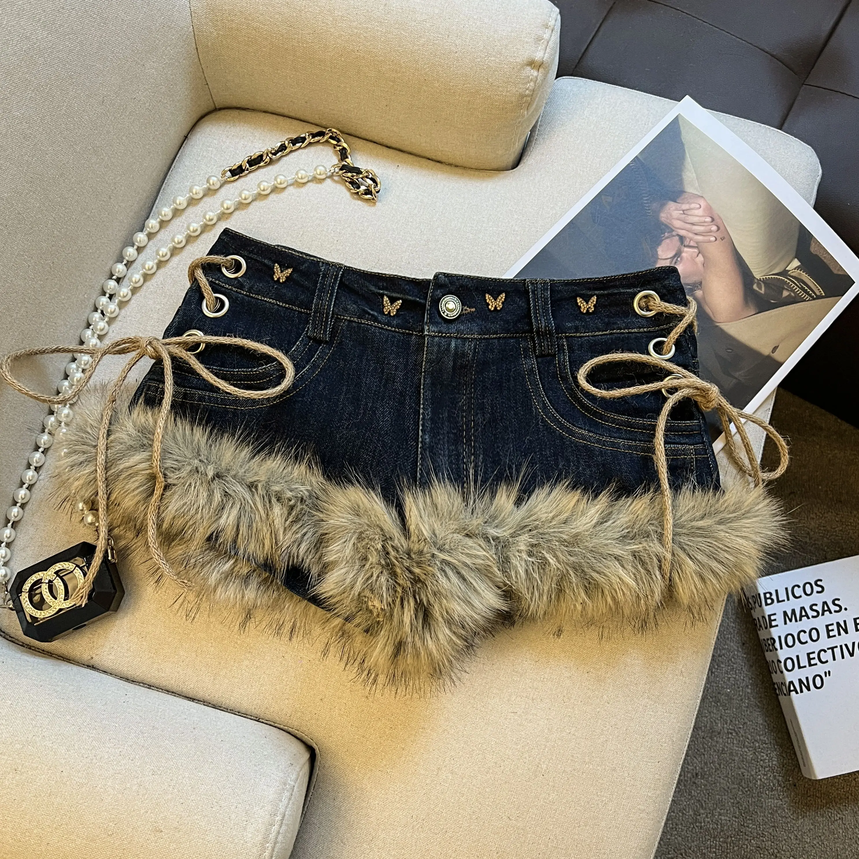 Women's Autumn Winter Frayed Butterfly Knot Tie Denim Shorts Y2K Harajuku High Street Fashion Retro Sexy Jeans Shorts Clothing
