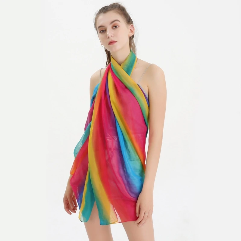 Breathable Rainbow Color Scarf for Ladies Spring Summer Lightweight Shawls Seaside Sun-proof Large Anti-uv Scarves Dropship