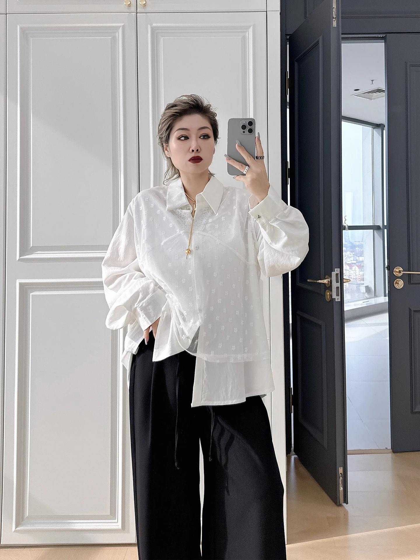 

plus Size Lace irt Vest Set Korean Sle Faionable Casual High Waist Long Sve Collar Two Piece Set for Heavy Women