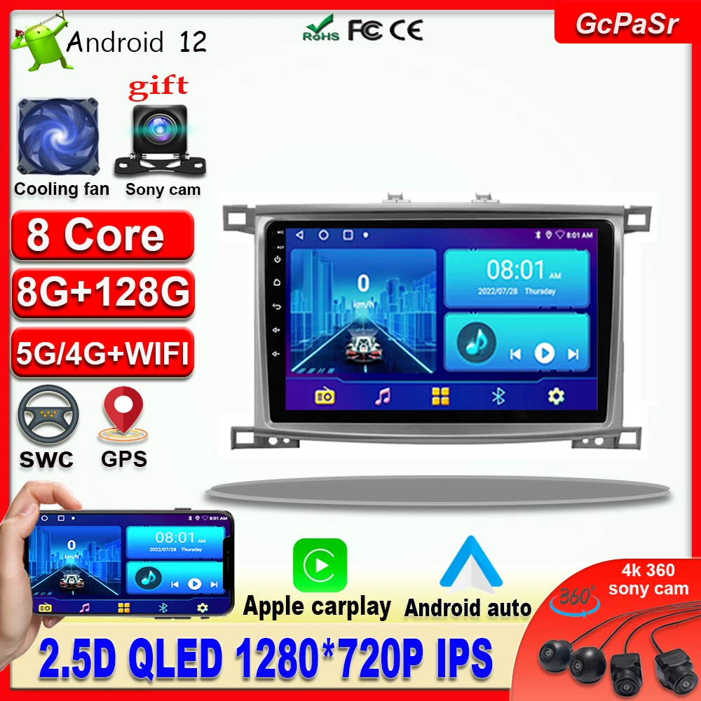

Wireless Carplay Android 12 2 din 8 Core Stereo GPS Car Radio Multimedia Playrer For Toyota Land Cruiser LC 100 2002-2007