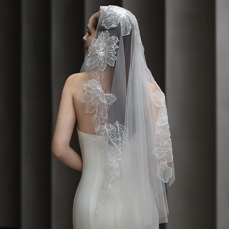 Fingertip Wedding Veil with Floral Lace Sequins1M Bridal Tulle Veil with Sparkly Beaded Flowers Elegant Short Veil G143